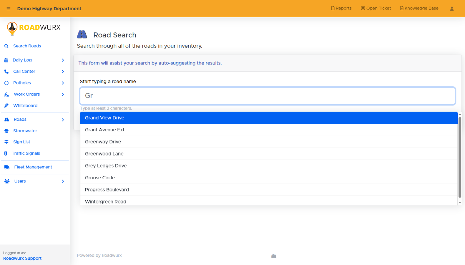 Road Search Page