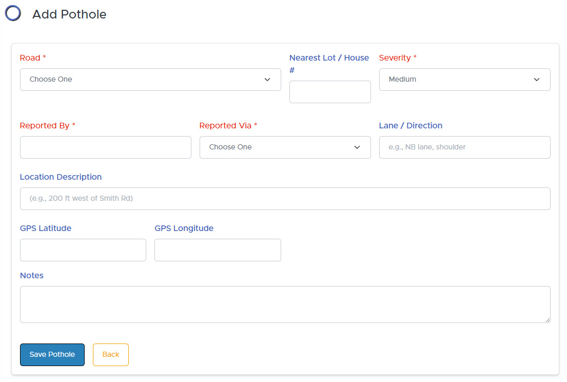 Add reported Pothole